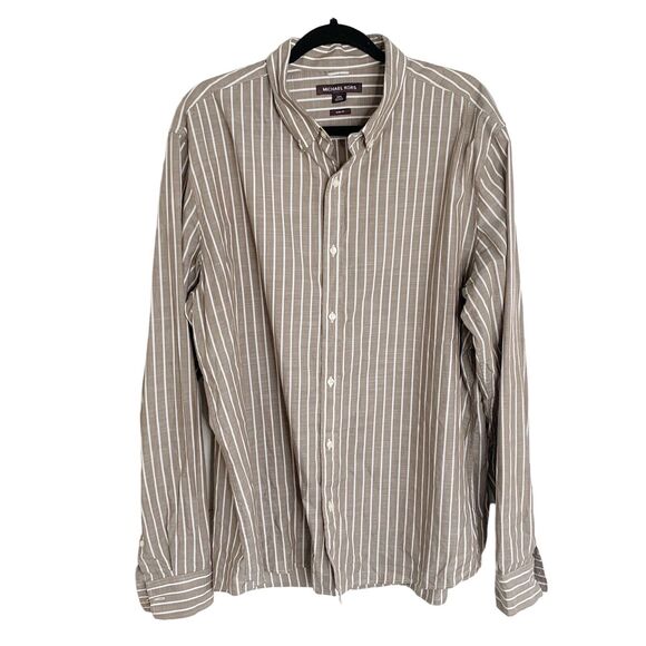 Michael Kors Men's Slim Fit Striped Button Down Shirt Brown Size XXL 100% Cotton - Picture 1 of 5